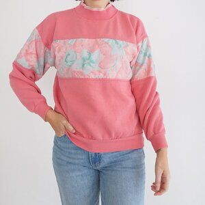 Vintage Lady Foot Locker Pink w Teal Floral Watercolor Mockneck Sweater P/S